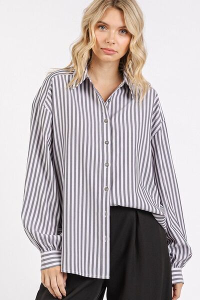 Mittoshop Button Down Striped Long Sleeve Shirt Black Blouses