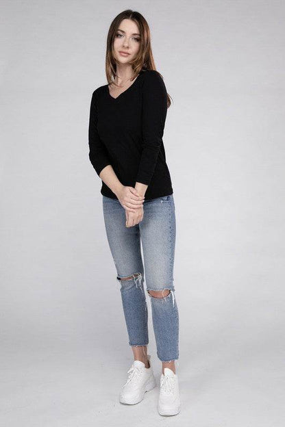 Cotton V-Neck Long Sleeve T-Shirt - Shop Style & More | Fresh Looks, Everyday Deals & Free Shipping