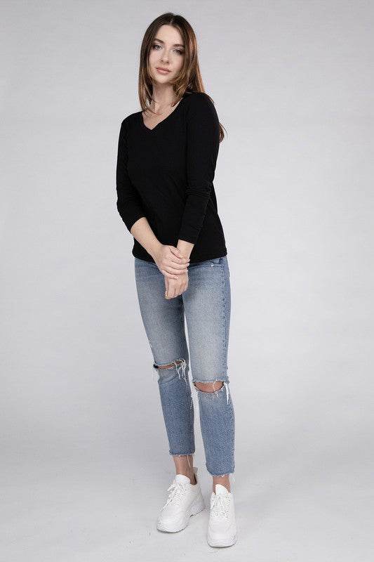 Cotton V-Neck Long Sleeve T-Shirt - Shop Style & More | Fresh Looks, Everyday Deals & Free Shipping