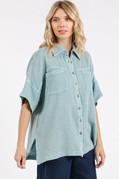 Mittoshop Mineral Wash Gauze Oversized Short Sleeve Shirt Blouses