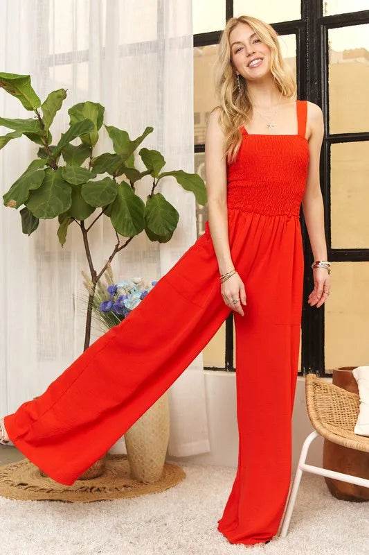 ADORA Full Size Smocking Top Wide Leg Jumpsuit Plus Size - Shop Style & More | Fresh Looks, Everyday Deals & Free Shipping
