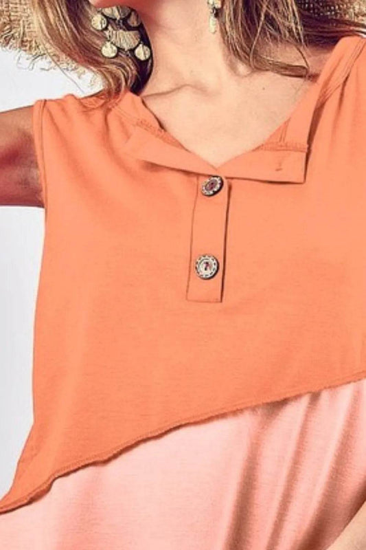 BiBi Color Block Contrast Stitching Buttoned Henley Top - Shop Style & More | Fresh Looks, Everyday Deals & Free Shipping