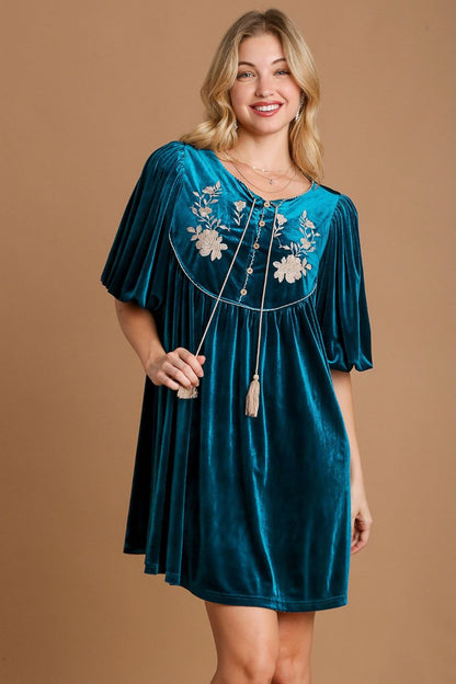 Umgee Embroidered Half Sleeve Velvet Mini Dress with Tassel Deep Teal Casual Dresses