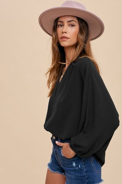 Annie Wear Notched Batwing Sleeve Blouse Black Blouses