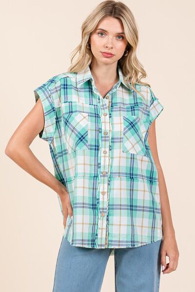 Mittoshop Mineral Wash Plaid Button Down Shirt Turquoise Blouses