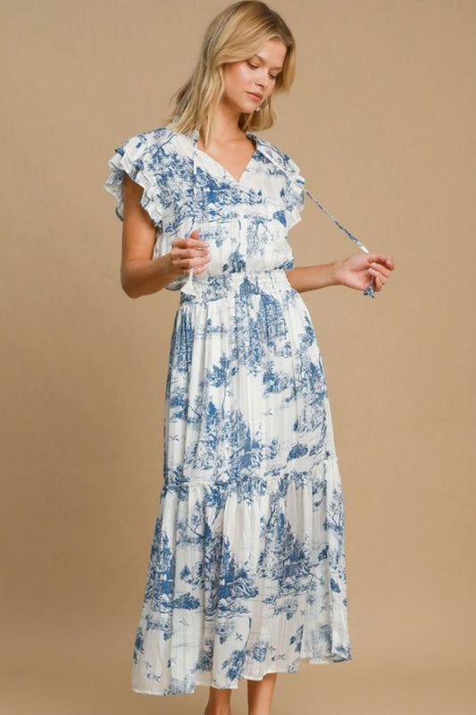 Umgee Full Size Two Tone Landscape Print Midi Dress Plus Size Sky Blue Casual Dresses