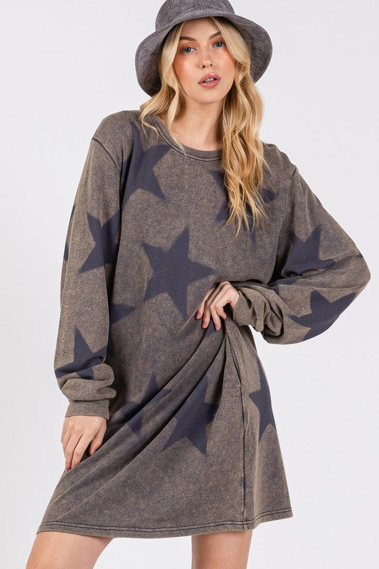 SAGE + FIG Washed Star Print Round Neck Dress Casual Dresses