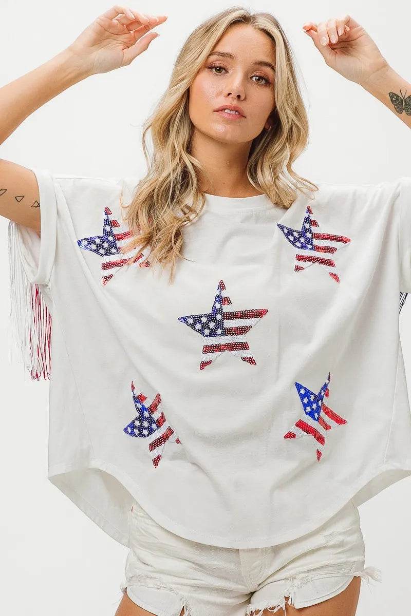 BiBi American Flag Sequin Star Fringe Top - Shop Style & More | Fresh Looks, Everyday Deals & Free Shipping