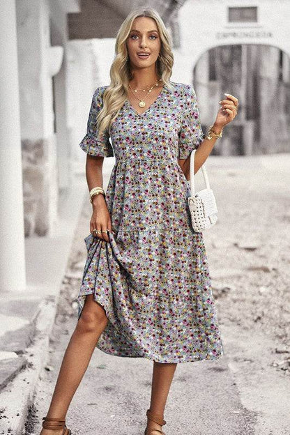 Boho Floral Ruffle Hem V Neck Short Sleeve Dress - Shop Style & More | Fresh Looks, Everyday Deals & Free Shipping