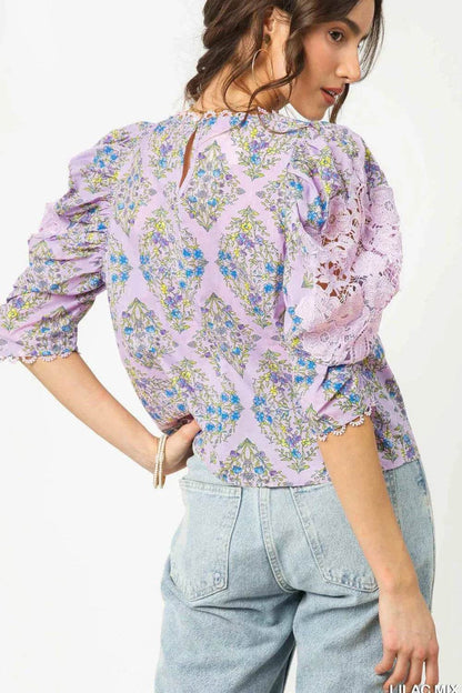 Umgee Printed Lace Puff Sleeve Blouse - Shop Style & More | Fresh Looks, Everyday Deals & Free Shipping