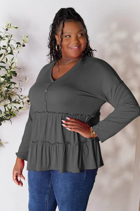 Double Take Half Button Long Sleeve Ruffle Hem Blouse - Shop Style & More | Fresh Looks, Everyday Deals & Free Shipping