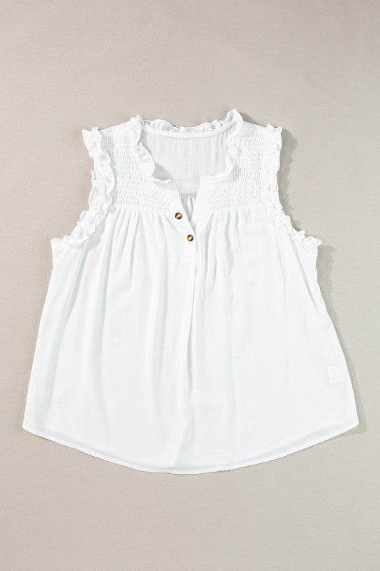 Savan Button Split Neck Ruffled Trim Tank Top - Shop Style & More | Fresh Looks, Everyday Deals & Free Shipping