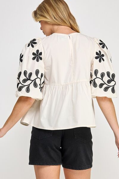 SAGE+FIG Puff-Sleeve Embroidered Peplum Blouse Blouses