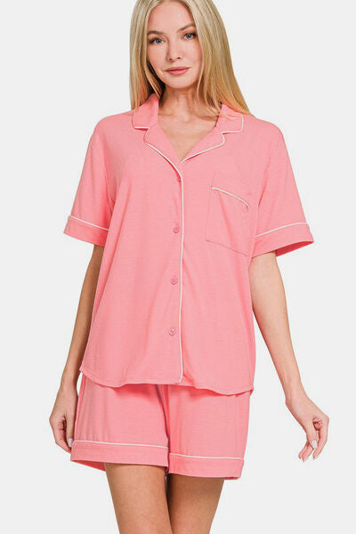 Zenana Button Down Short Sleeve Top and Shorts Lounge Set DK PINK Lounge Set