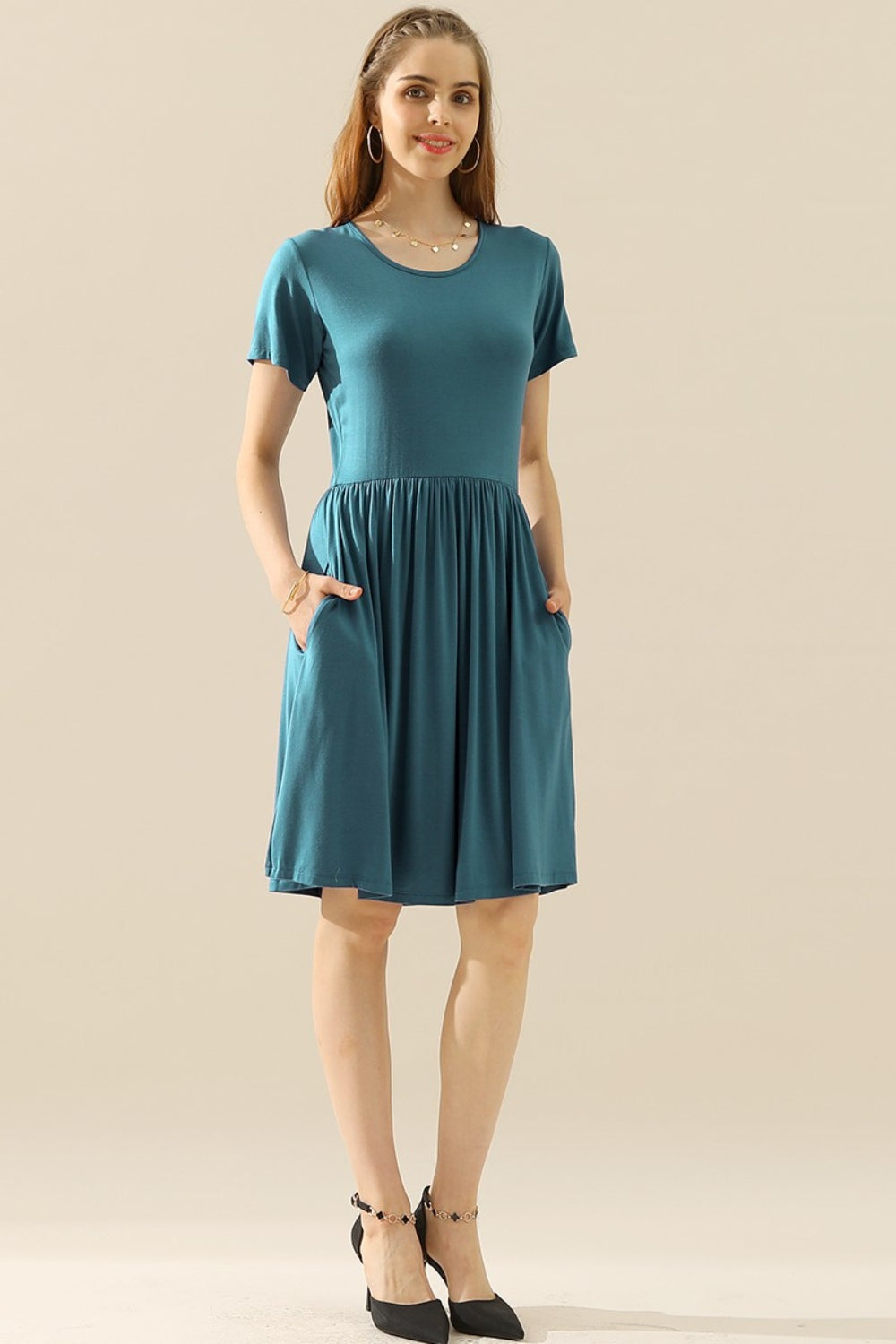 Ninexis Full Size Round Neck Ruched Dress with Pockets TEAL Cocktail Dresses