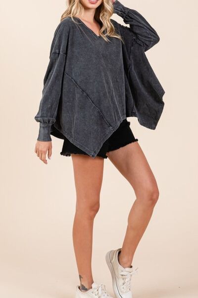 Mittoshop Mineral Wash V-Neck Long Sleeve Oversized Top Blouses