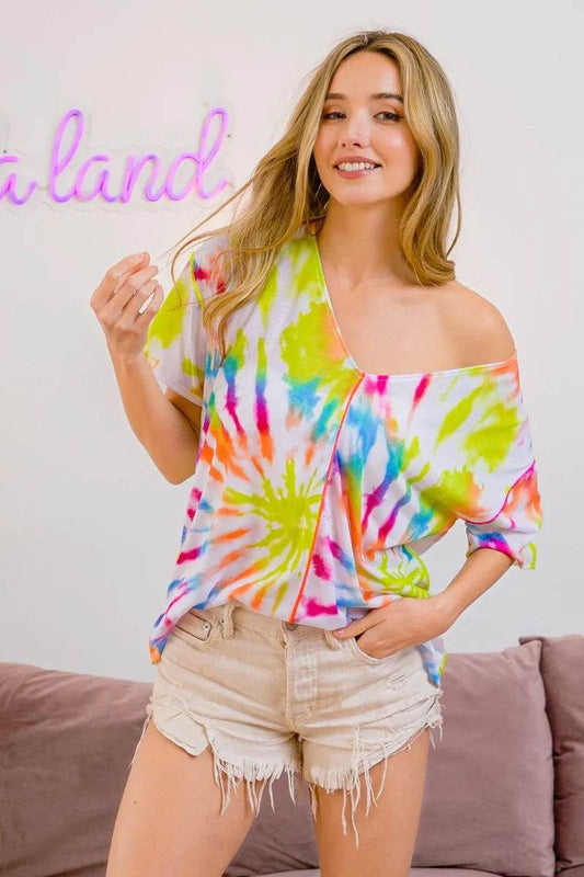 BiBi Tie Dye Print Jersey Stitched V Neck Top - Shop Style & More | Fresh Looks, Everyday Deals & Free Shipping