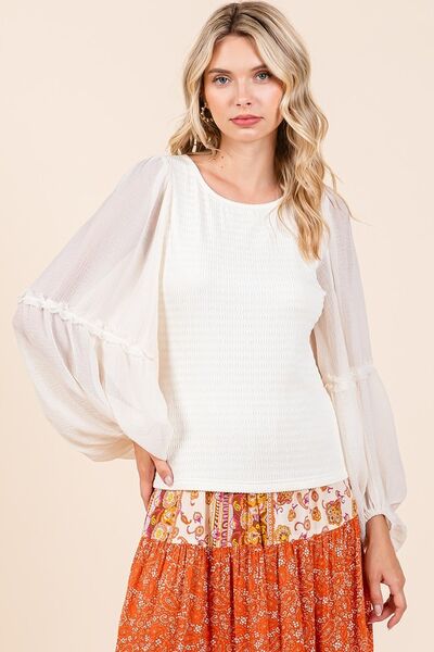 Mittoshop Mixed Media Textured Knit Chiffon Long Sleeve Top Blouses