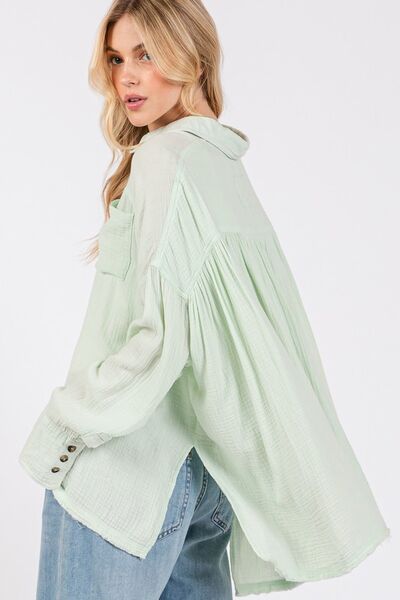 SAGE + FIG Frayed Hem Side Slit Button Down Shirt Blouses