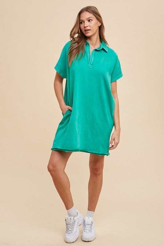 Annie Wear Mineral Washed Johnny Collar Short Sleeve Dress Casual Dresses