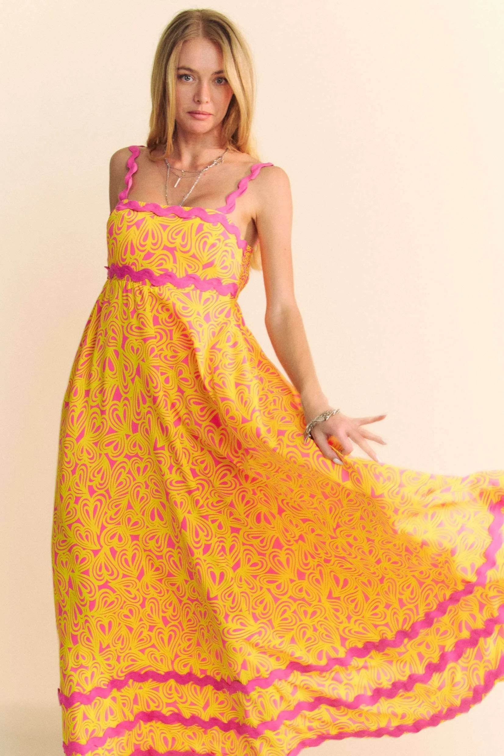 Davi & Dani Geo 2 Tone Printed Wavi Trim Tiered Maxi Dress - Shop Style & More | Fresh Looks, Everyday Deals & Free Shipping