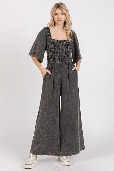Mittoshop Mineral Wash Wide Leg Jumpsuit - Gauze Ruched Style Jumpsuits