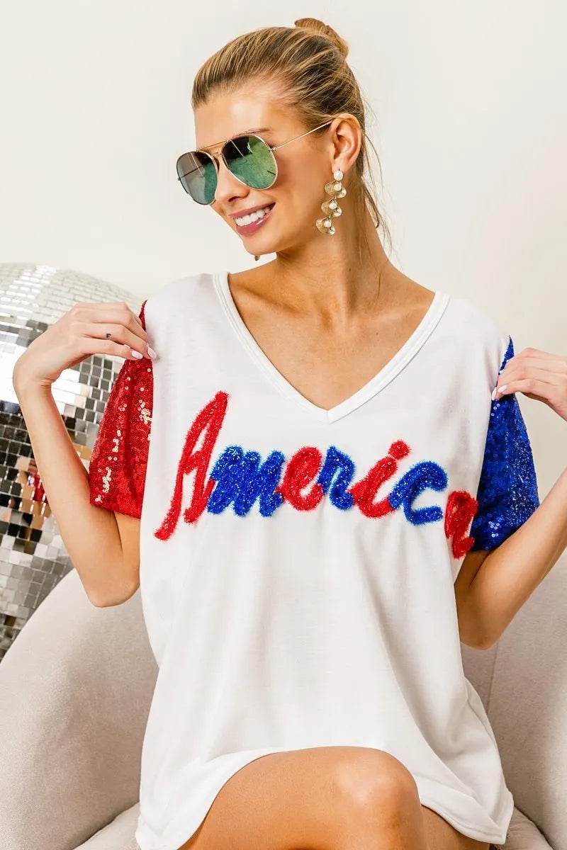 BiBi Metallic Letter V-neck Sequin Sleeves Top - Shop Style & More | Fresh Looks, Everyday Deals & Free Shipping