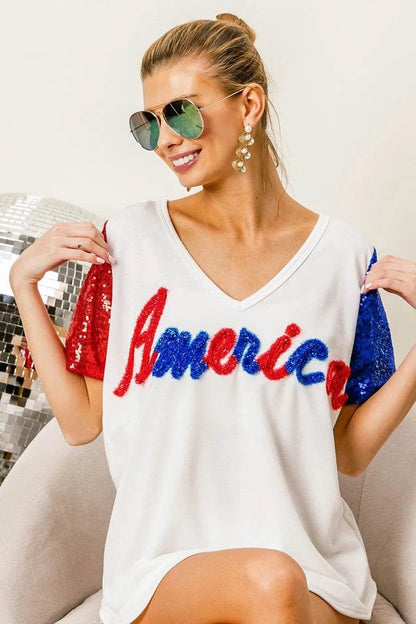 BiBi Metallic Letter V-neck Sequin Sleeves Top - Shop Style & More | Fresh Looks, Everyday Deals & Free Shipping
