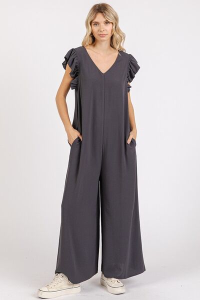 Mittoshop V-Neck Ruffled Jumpsuit with Cap Sleeves and Wide Leg Design Charcoal Jumpsuits