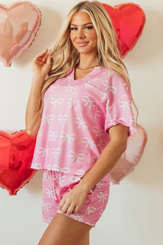 Knit Bowknot Printed V Neck T Shirt and Shorts Set - Shop Style & More | Fresh Looks, Everyday Deals & Free Shipping