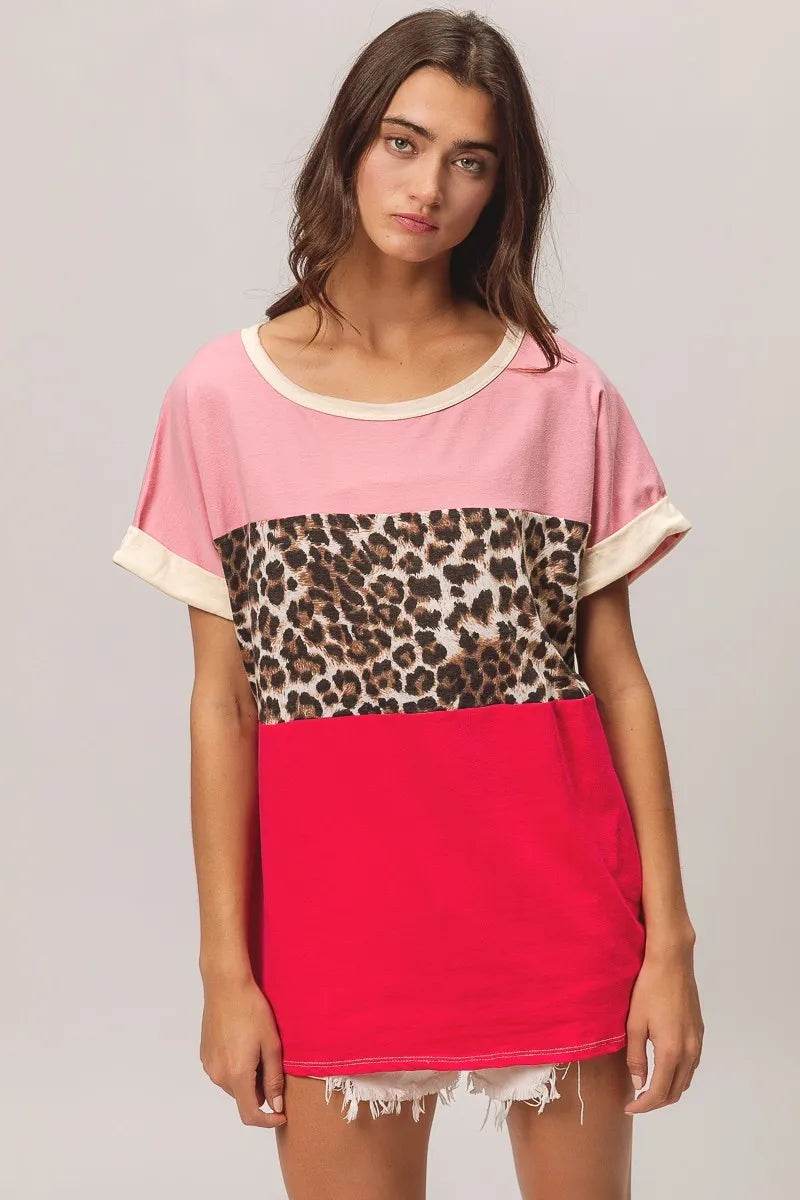 BiBi Leopard Printed Jersey Color Block Roll Up - Shop Style & More | Fresh Looks, Everyday Deals & Free Shipping