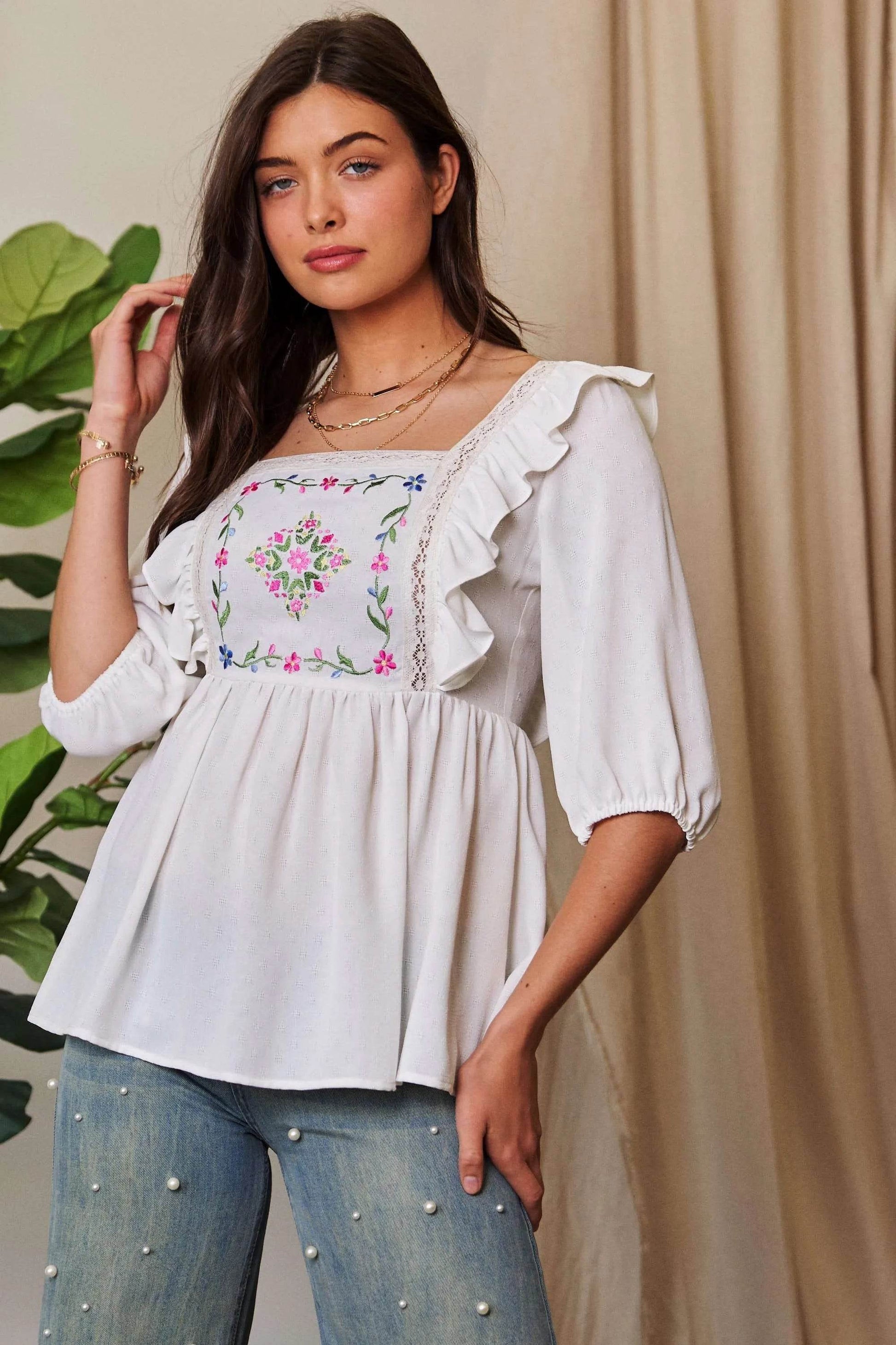 Davi & Dani Texture Tie Back Floral Embroidery Frill Blouse - Shop Style & More | Fresh Looks, Everyday Deals & Free Shipping
