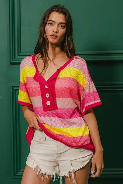 BiBi Multi Color Stripe Hacci Button Detail Ringer Top - Shop Style & More | Fresh Looks, Everyday Deals & Free Shipping