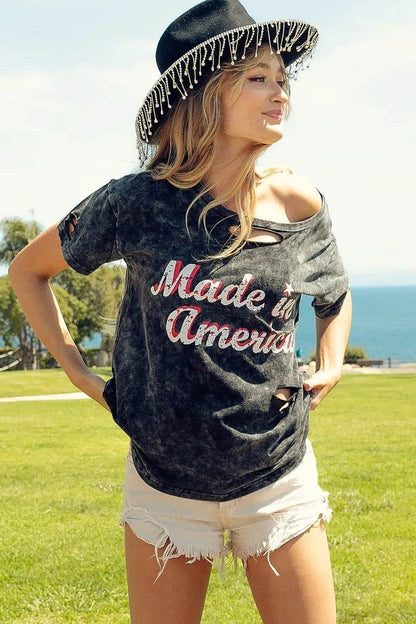 BiBi Laser Cut Mineral Washed America Print Top - Shop Style & More | Fresh Looks, Everyday Deals & Free Shipping