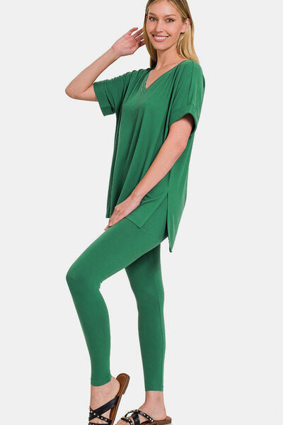 Zenana Full Size V-Neck Rolled Short Sleeve T-Shirt and Leggings Lounge Set Forest Lounge Set