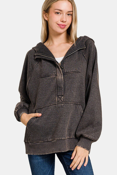 Zenana Acid Wash Fleece Kangaroo Hoodie Ash Black Hoodies & Sweaters