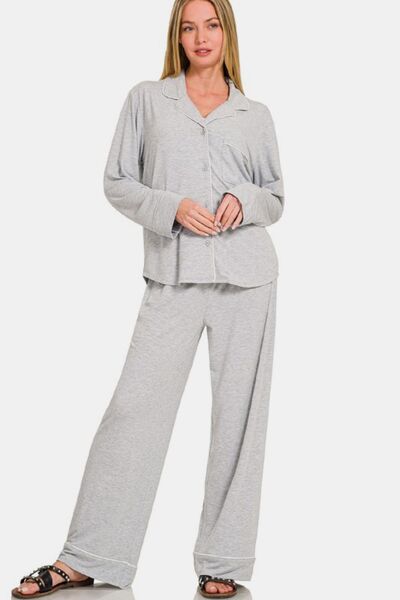 Zenana Button Down Long Sleeve Top and Pants Lounge Set Light Gray Lounge Set