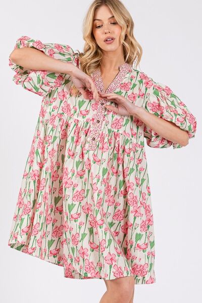 SAGE + FIG Floral Half Button Notched Puff Sleeve Dress Casual Dresses