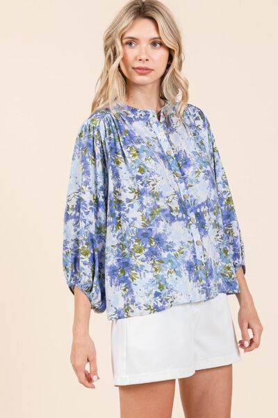 Mittoshop Flower Print Batwing Sleeve Button Down Blouse Blouses