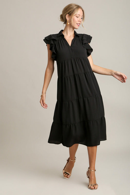 Umgee Full Size Johnny Collar Ruffle Cap Sleeve Tiered Dress Plus Size Black Casual Dresses