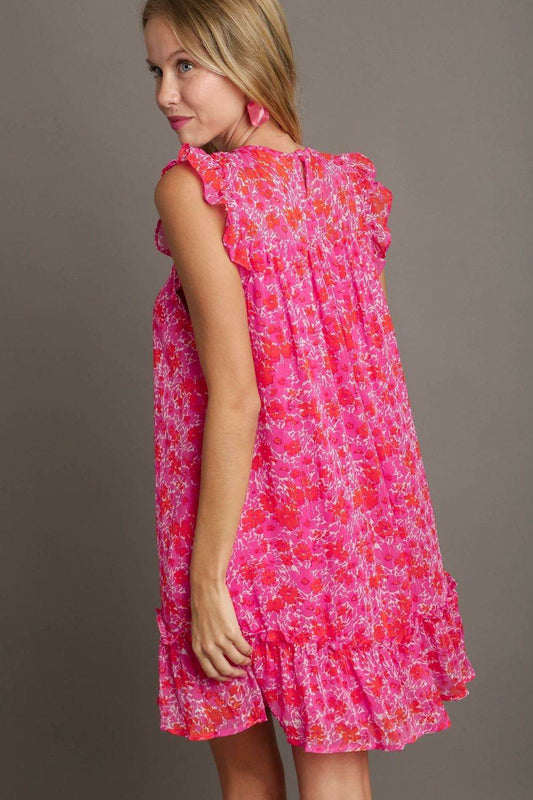 Umgee Full Size Smocked Detail Floral Metallic Ruffle Cap Sleeve Dress Plus Size - Shop Style & More | Fresh Looks, Everyday Deals & Free Shipping