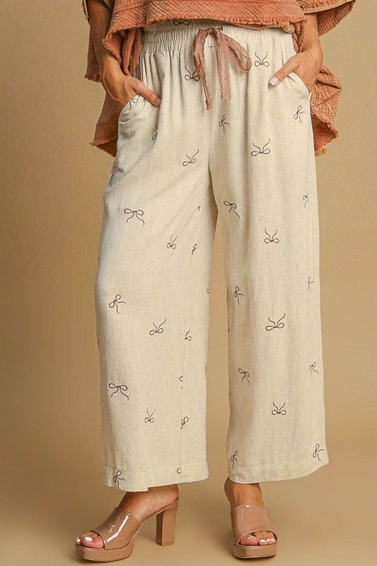 Umgee Full Size Lace Drawstring Embroidered Bow Wide Leg Pants Plus Size - Shop Style & More | Fresh Looks, Everyday Deals & Free Shipping
