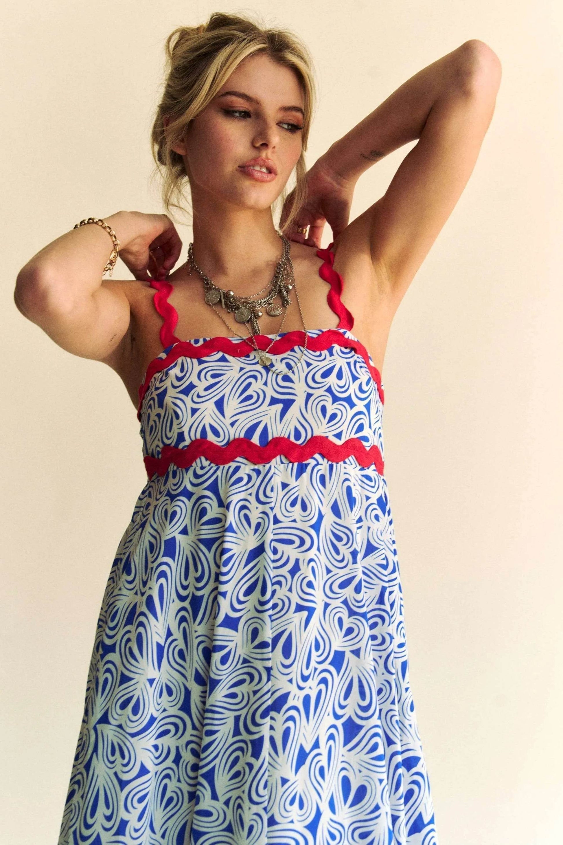 Davi & Dani Geo 2 Tone Printed Wavi Trim Tiered Maxi Dress - Shop Style & More | Fresh Looks, Everyday Deals & Free Shipping