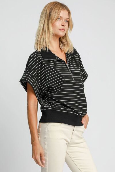 Umgee Striped Half Zip Short Sleeve Sweatshirt Hoodies & Sweaters