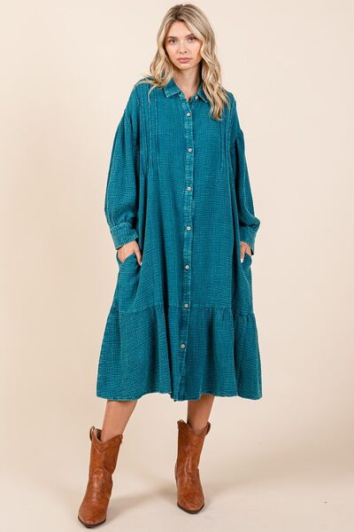 Mittoshop Mineral Wash Cotton Gauze Ruffle Midi Shirt Dress Casual Dresses