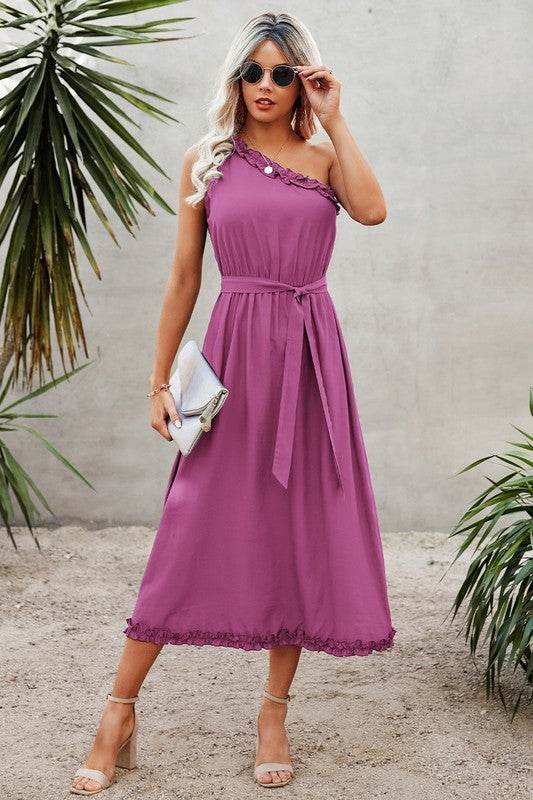 Solid One Shoulder Ruffle Hem Belt A Line Dress - Shop Style & More | Fresh Looks, Everyday Deals & Free Shipping