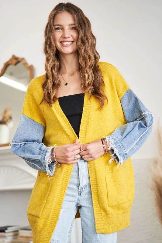ADORA Full Size Frayed Denim Sleeve Sweater Cardigan Plus Size - Shop Style & More | Fresh Looks, Everyday Deals & Free Shipping