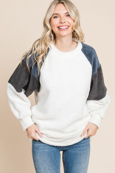 Culture Code Color Block Faux Fur Raglan Sleeve Sweatshirt Hoodies & Sweaters