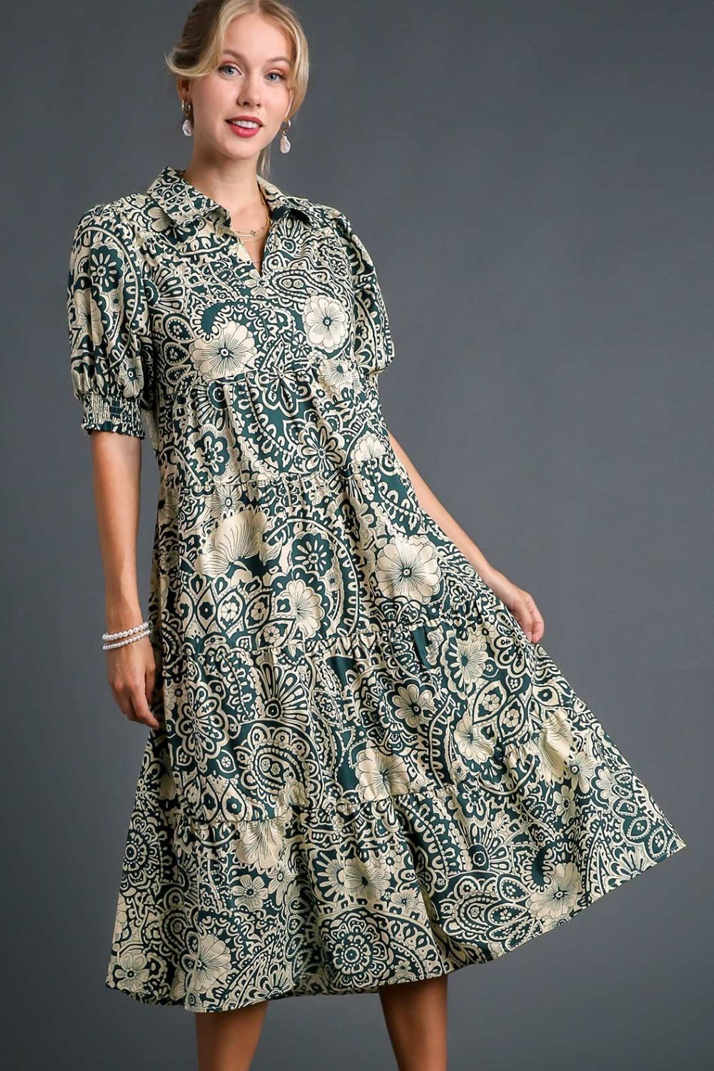 Umgee Full Size Printed Smocked Cuff Puff Sleeve Midi Dress Plus Size Turquoise Casual Dresses