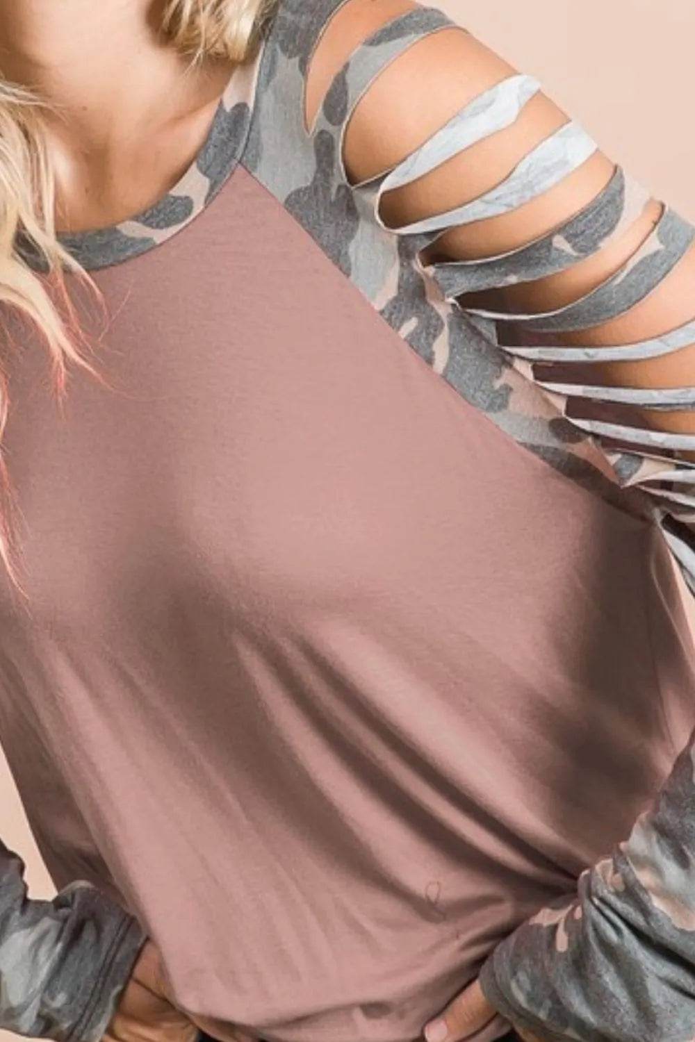 BiBi Jersey Knit Top with Camouflage Laser Cut Sleeves - Shop Style & More | Fresh Looks, Everyday Deals & Free Shipping